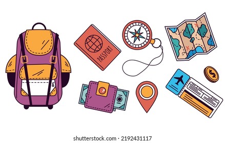 Viajes accesorios turísticos línea arte estilo doodle diseño ilustración set colecciones