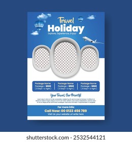 Travel or Tourist agency a4 print flyer or poster template layout,  holiday vacation tourism flyer, leaflet or brochure cover design