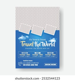 Travel or Tourist agency a4 print flyer or poster template layout,  holiday vacation tourism flyer, leaflet or brochure cover design