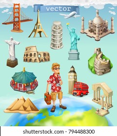 Travel, tourist attraction. 3d vector icon set on background