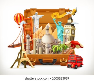 Travel, tourist attraction in suitcase, 3d vector illustration