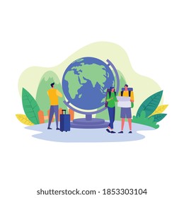 Travel tourist concept. people getting ready to around world, adventure find new place ,holiday, reading map and enjoy sightseeing popular places. Vector illustration