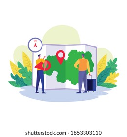 Travel tourist concept. Two man getting ready to around world, find new places and mark in map, adventure ,holiday and enjoy sightseeing popular places. Vector illustration