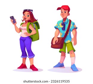 Travel tourist happy woman with backpack vector illustration. Young man with bag and glasses standing isolated on white background. Adult couple ready for outdoor sightseeing and walking lifestyle