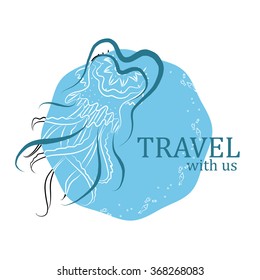 Travel touristic logo design template, jellyfish on blue water background  