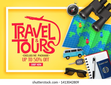 Travel and Tours Ads Banner Up To 50% Off Exclusive Package with Vector 3D Realistic Traveling Item Elements in Yellow Background. For Promotional Purposes
