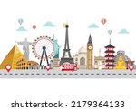 travel and tours background. tourism poster landmark around the world. road trip holiday vacation. airplane and time to travel banner. journey trip concept. vector illustration in flat style. 