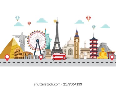 travel and tours background. tourism poster landmark around the world. road trip holiday vacation. airplane and time to travel banner. journey trip concept. vector illustration in flat style. 