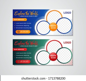 Travel Tours Banner Template, Horizontal Advertising Business Banner Layout Template Gradient Design Set , Clean Abstract Cover Header Background For Website Design. Circle Space Photo Collage. 