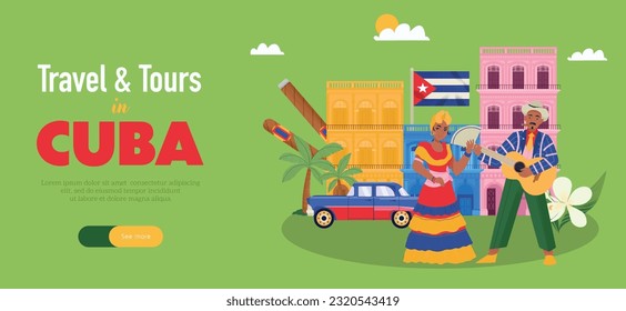 Travel and tours in cuba horizontal banner in flat style with dancing cuban people colorful houses car cigars on green background vector illustration