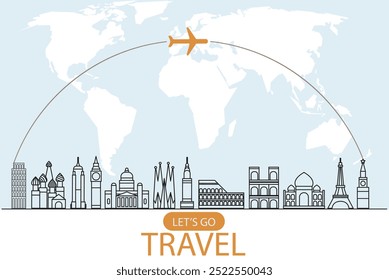 viagem e passeios ilustrações vetor background.Famous marco ao redor do mundo grouped together.Tourism cartaz estrada viagem férias de férias e tempo para viajar banner. Vetor ajustável