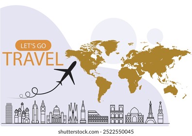 travel and tours illustrations vector background.Famous landmark around the world grouped together.tourism poster road trip holiday vacation and time to travel banner. Adjustable vector