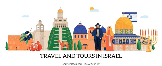 Travel and tours to israel flat horizontal banner with people architectural sights and nature vector illustration