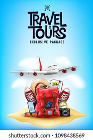 Travel and Tours Poster with 3D Realistic Travel Items Like Airplane, Backpack, Sneakers, Mobile Phone, Passport and Sunglasses in the Sand  Blue Background Poster Design. Vector Illustration
