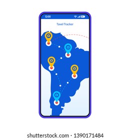 Travel tracker app smartphone interface vector template. Mobile trip planner page design layout. Tourist route, destination search screen. GPS tracking application flat UI. Phone display with map pins