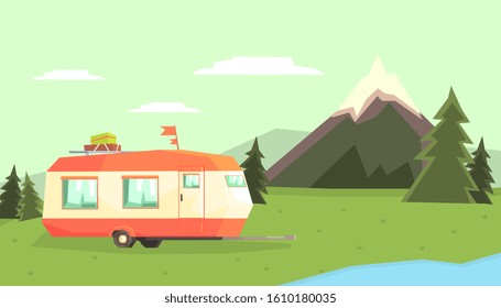 Travel Trailer Against Mountain Landscape, Camping and Traveling Vector illustration