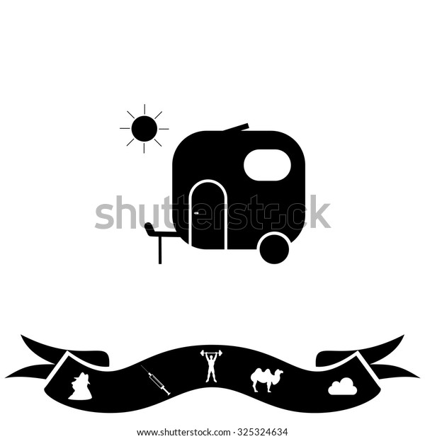 Travel trailer. Black flat icon and\
bonus pictogram with ribbon. Vector illustration\
symbol