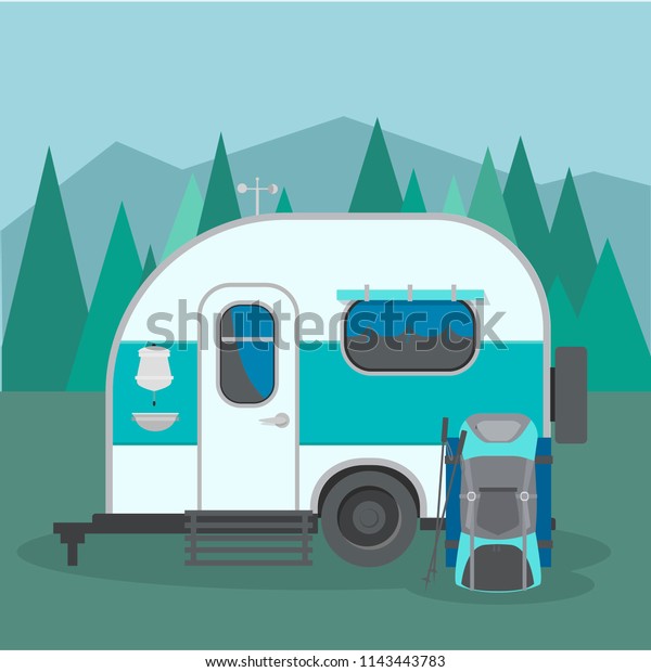 Travel\
trailer caravan with landscapes. Camper van classic traveling van\
adventure exploring nature around the\
world