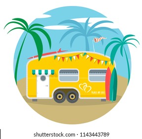 Travel Trailer Caravan. Yellow Camper Van. Summer Beach Vacation. Surfing Lifestyle Icon