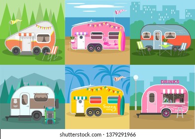 Travel trailer concept set. Camping trailer caravan collection. Traveler truck campsite place landscape. Mountains, Forests, sea beach and road trip. Caravans with different landscapes.