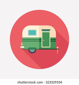 Travel trailer flat round icon with long shadows.