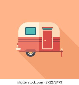 Travel Trailer Flat Square Icon With Long Shadows.