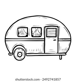 Travel trailer hand drawn in doodle style. Tourist motorhome for family holidays. Camping in nature. House on wheels. Vector line art illustration.