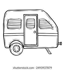 Travel trailer hand drawn in doodle style. Tourist motorhome for family holidays. Camping in nature. House on wheels. Vector line art illustration.