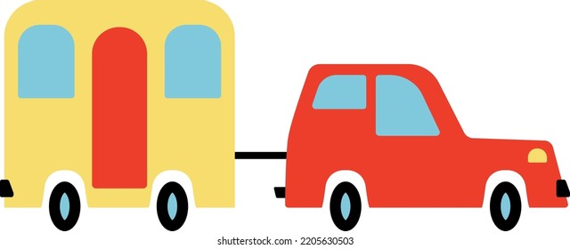 Travel trailer icon. Car, camper caravan for kids tourist landscape design. Color cartoon picture of mobile home. Red, yellow vehicle for children's print. Automobile symbol for kindergarten, nursery.