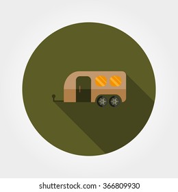 Travel trailer. Icon for web and mobile application. Vector illustration of a button with a long shadow. Flat design style.
