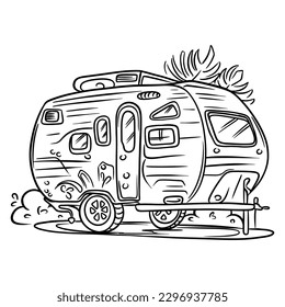 Travel trailer. Motorhome for family trips. Camping. Cartoon style. Line style. Vector illustration.