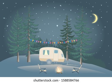 Travel Trailer in night forest with bonfire. Two chairs near the fire. Sky with moon and stars. Vector illustration.