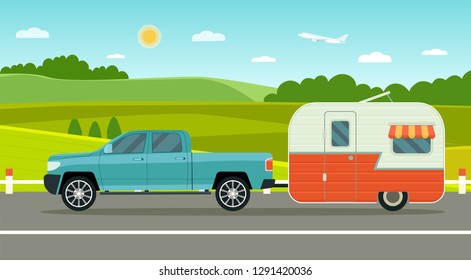 Travel trailer and pickup truck. Summer landscape. Vacation poster concept. Flat style vector illustration