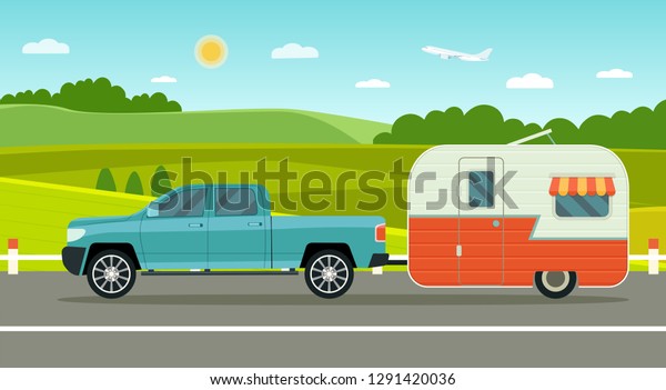 Travel trailer\
and pickup truck. Summer landscape. Vacation poster concept. Flat\
style vector\
illustration