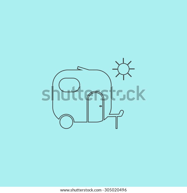Travel trailer. Simple outline flat vector
icon isolated on blue
background
