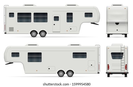 Travel trailer vector mockup on white background for vehicle branding, corporate identity. View from side, front, back. All elements in the groups on separate layers for easy editing and recolor