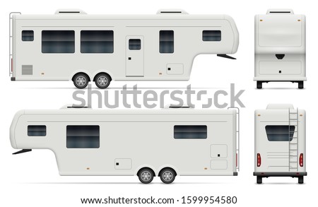 Travel trailer vector mockup on white background for vehicle branding, corporate identity. View from side, front, back. All elements in the groups on separate layers for easy editing and recolor