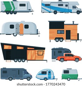 Travel Trailers Collection, Modern Mobile Homes for Summer Trip, Family Tourism and Vacation Flat Vector Illustration