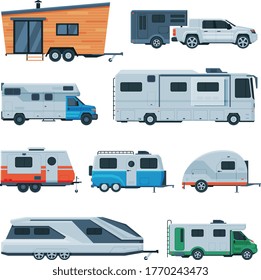 Travel Trailers Collection, Modern Mobile Homes for Summer Adventures, Family Tourism and Vacation Flat Vector Illustration