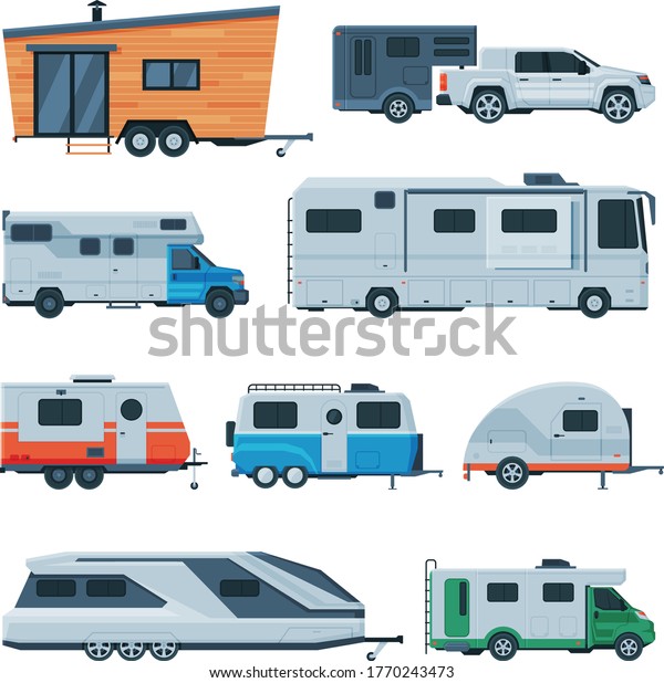 Travel Trailers Collection, Modern Mobile\
Homes for Summer Adventures, Family Tourism and Vacation Flat\
Vector Illustration