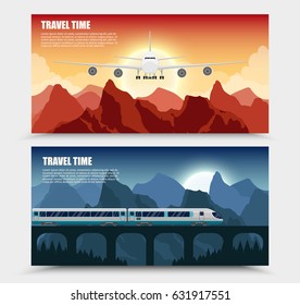 Travel train and airplane outdoor with mountains colorful vector flat banners tourism banner set.