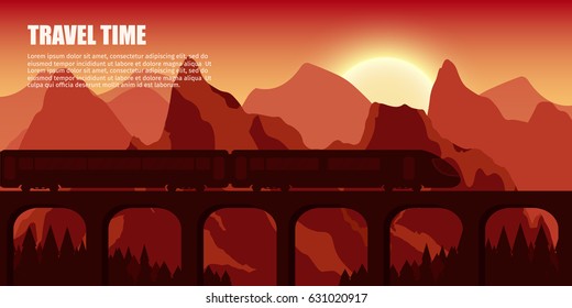 Travel train outdoor with mountains bridge colorful vector flat banners tourism banner set.