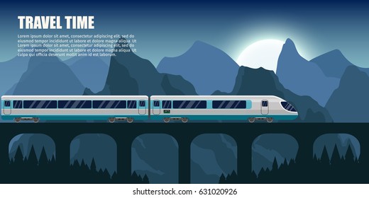 Travel train outdoor with mountains bridge colorful vector flat banners tourism banner set.