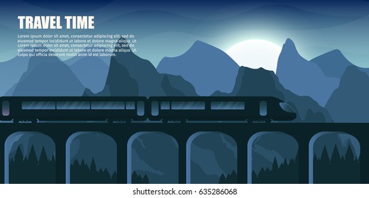 Travel train outdoor with mountains bridge colorful vector flat banners tourism banner set.