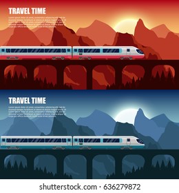 Travel train outdoor with mountains bridge colorful vector flat banners tourism banner set.