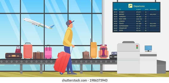 Travel transfer in international airport, airline transportation vector illustration. Cartoon person with baggage looking at flight information timetable board, standing next to luggage conveyor belt