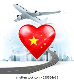 travel and transport concept with China flag on heart vector illustration with cityscape background