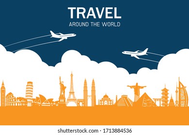 Travel And Transport Concept. Famous Landmarks In Global. Tourism Business Infographic Element. Road Trip. Journey Vacation Concept. Vector Illustration Modern Flat Design.