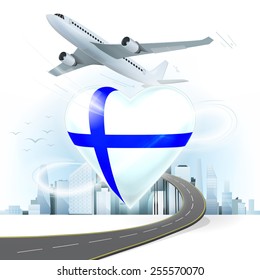 travel and transport concept with Finland flag on heart vector illustration with cityscape background
