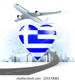 travel and transport concept with Greece flag on heart vector illustration with cityscape background